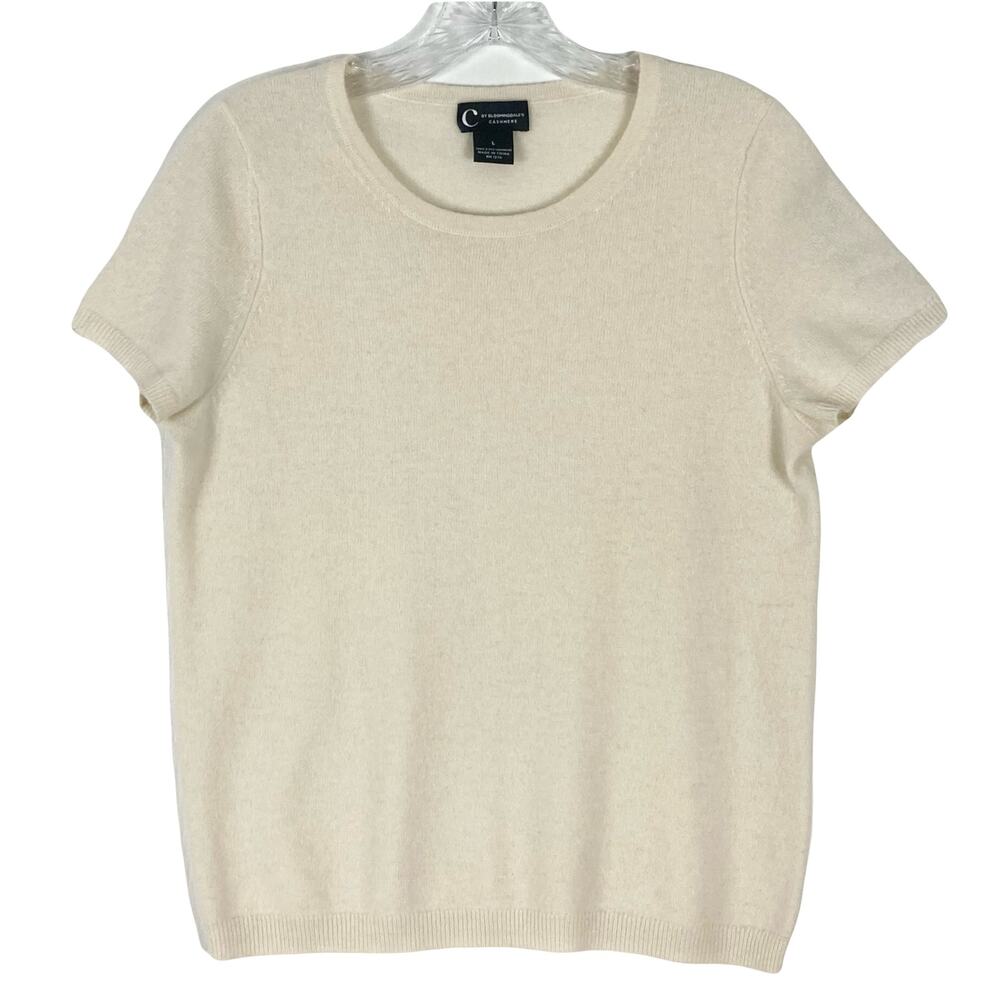 Nwot C by BLOOMINGDALES Sweater L Cashmere Cream Knit Short Sleeve